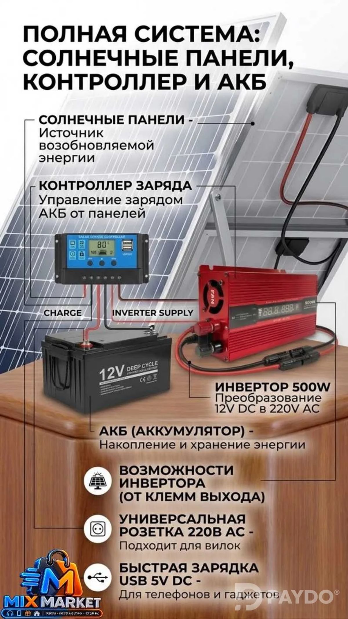 Инвертор 500W 12V DC 220V AC